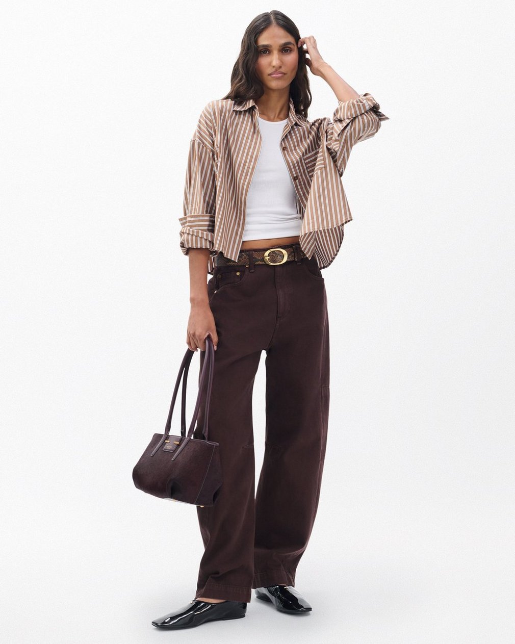 Marin Cropped Striped Shirt Tobacco Stripe - Image 2