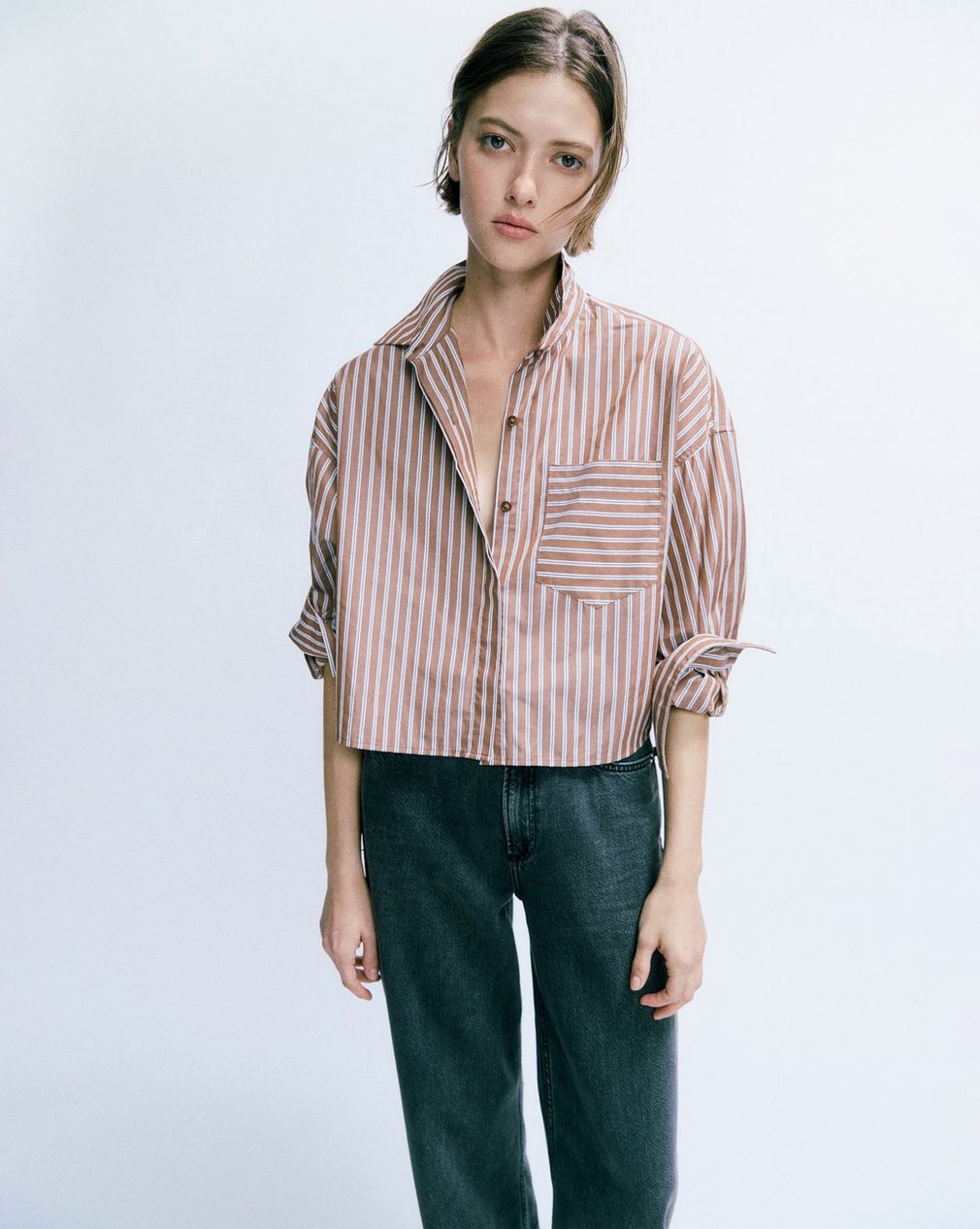 Marin Cropped Striped Shirt Tobacco Stripe - Image 3