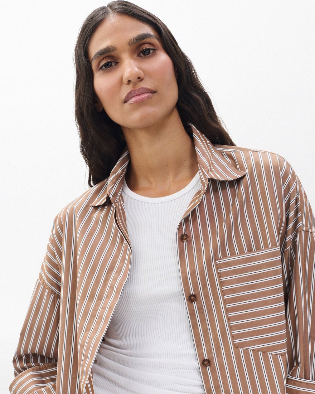 Marin Cropped Striped Shirt Tobacco Stripe - Image 4