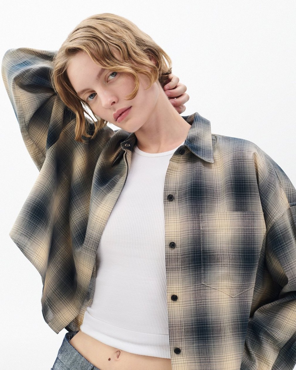 Marin Cropped Plaid Shirt Navy Plaid