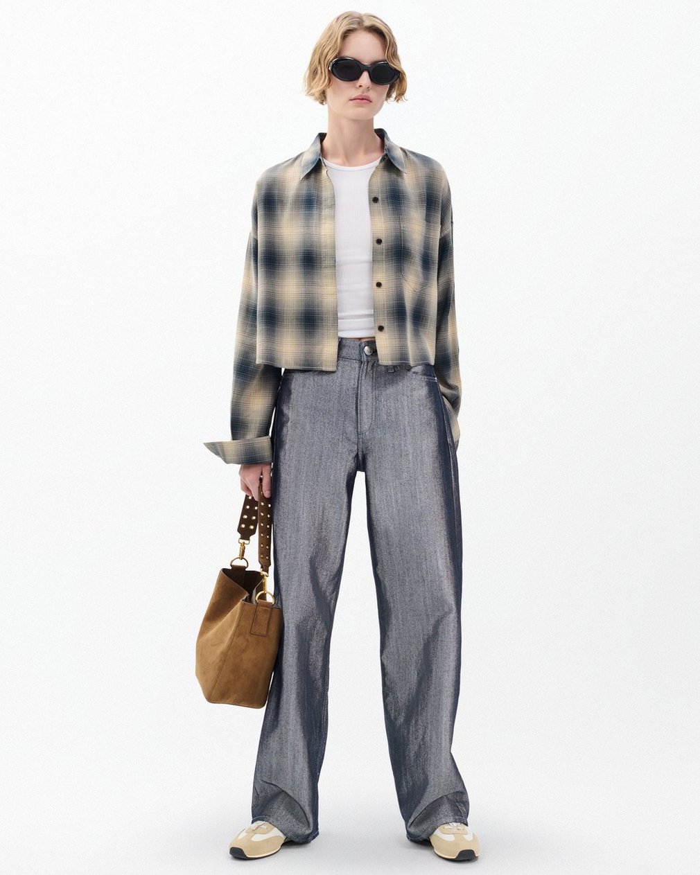 Marin Cropped Plaid Shirt Navy Plaid - Image 3