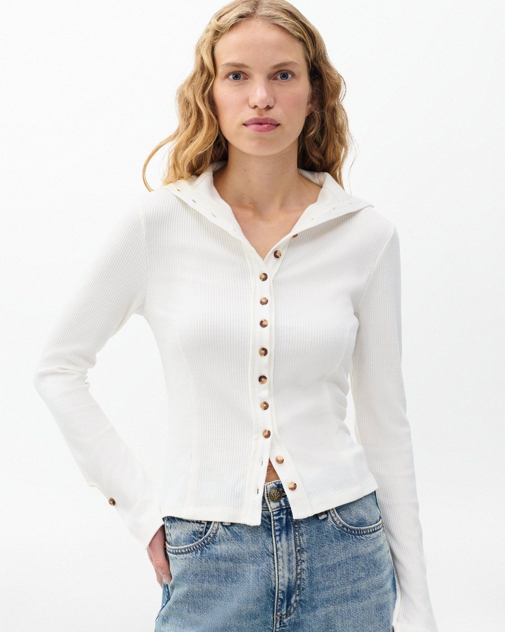 The Knit Ribbed Buttoned Cardigan Ivory - Image 4