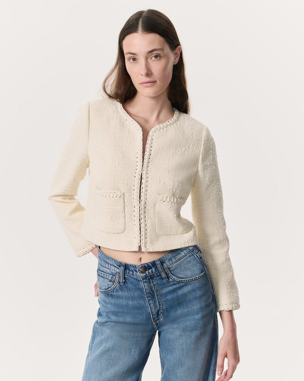Cheyenne Whipstitch-Trimmed Tweed Lady Jacket White