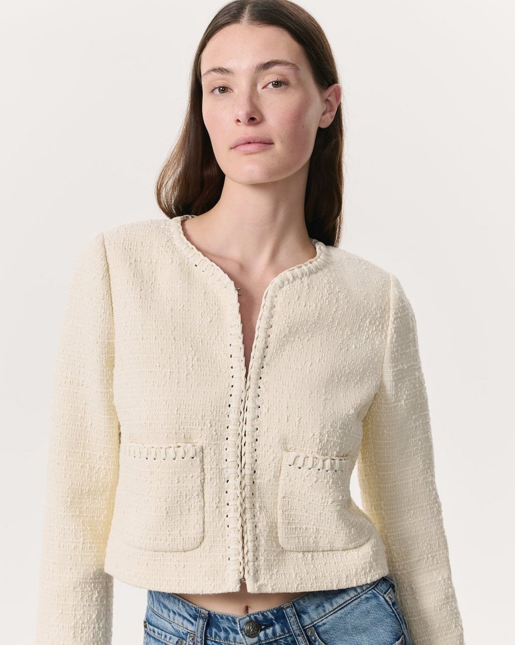 Cheyenne Whipstitch-Trimmed Tweed Lady Jacket White - Image 3