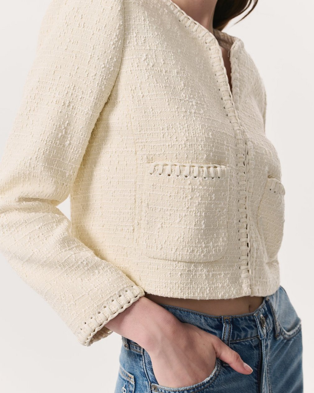 Cheyenne Whipstitch-Trimmed Tweed Lady Jacket White - Image 6