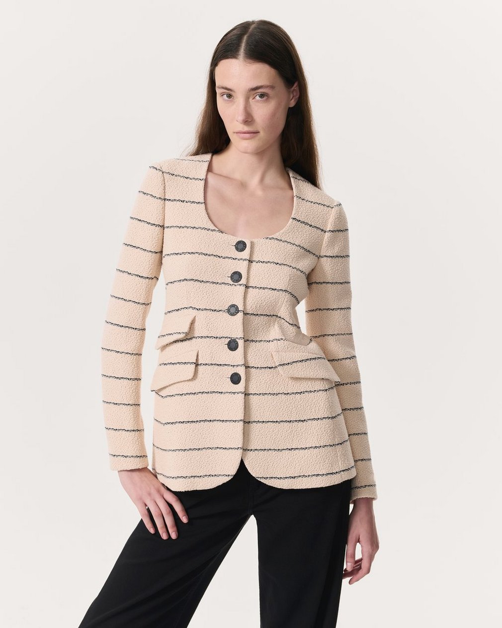 Roslyn Cotton Tweed Scoop-Neck Blazer Cream