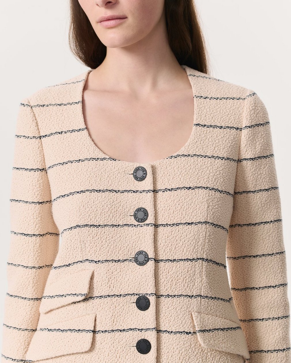 Roslyn Cotton Tweed Scoop-Neck Blazer Cream - Image 6