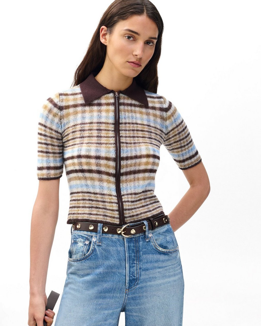 Leva Plaid Zip Polo Sweater Ivory Multi