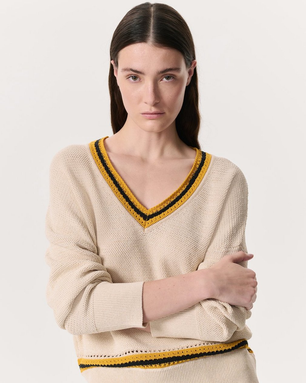 Meghan Striped Crochet-Trim V-Neck Sweater Ivory