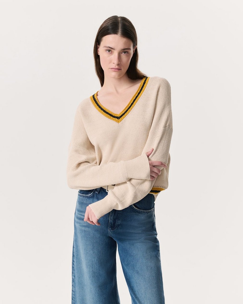 Meghan Striped Crochet-Trim V-Neck Sweater Ivory - Image 3