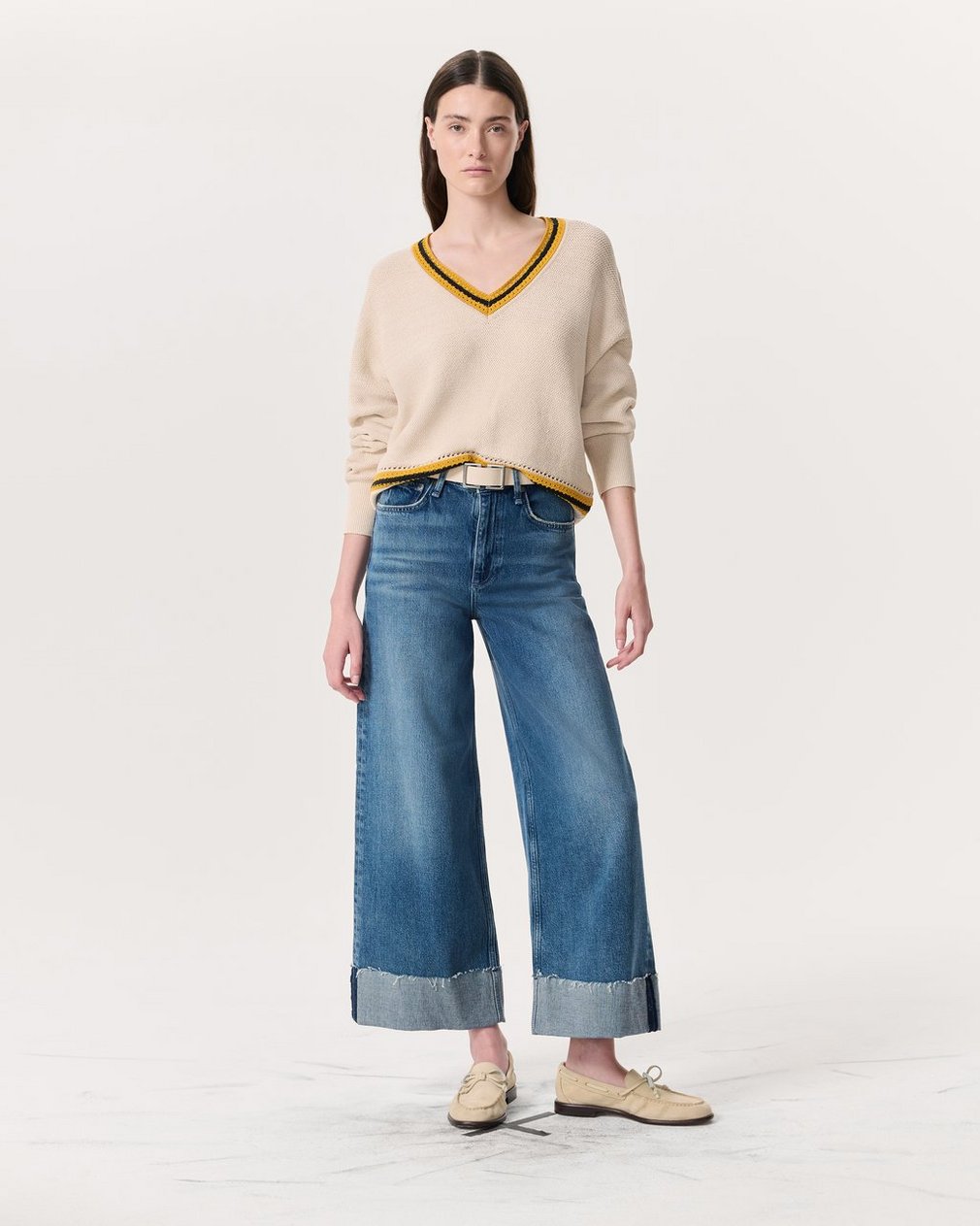 Meghan Striped Crochet-Trim V-Neck Sweater Ivory - Image 4