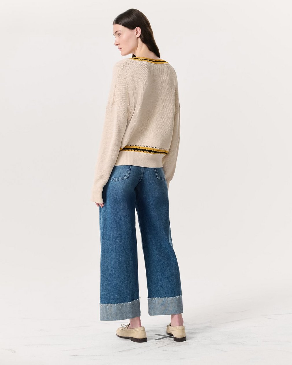 Meghan Striped Crochet-Trim V-Neck Sweater Ivory - Image 5