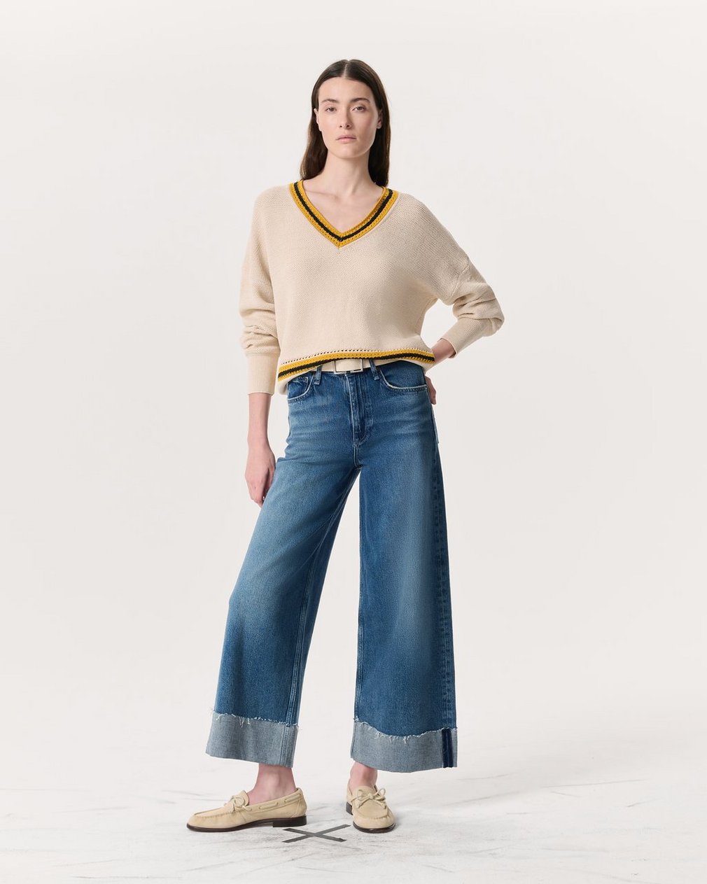 Meghan Striped Crochet-Trim V-Neck Sweater Ivory - Image 6