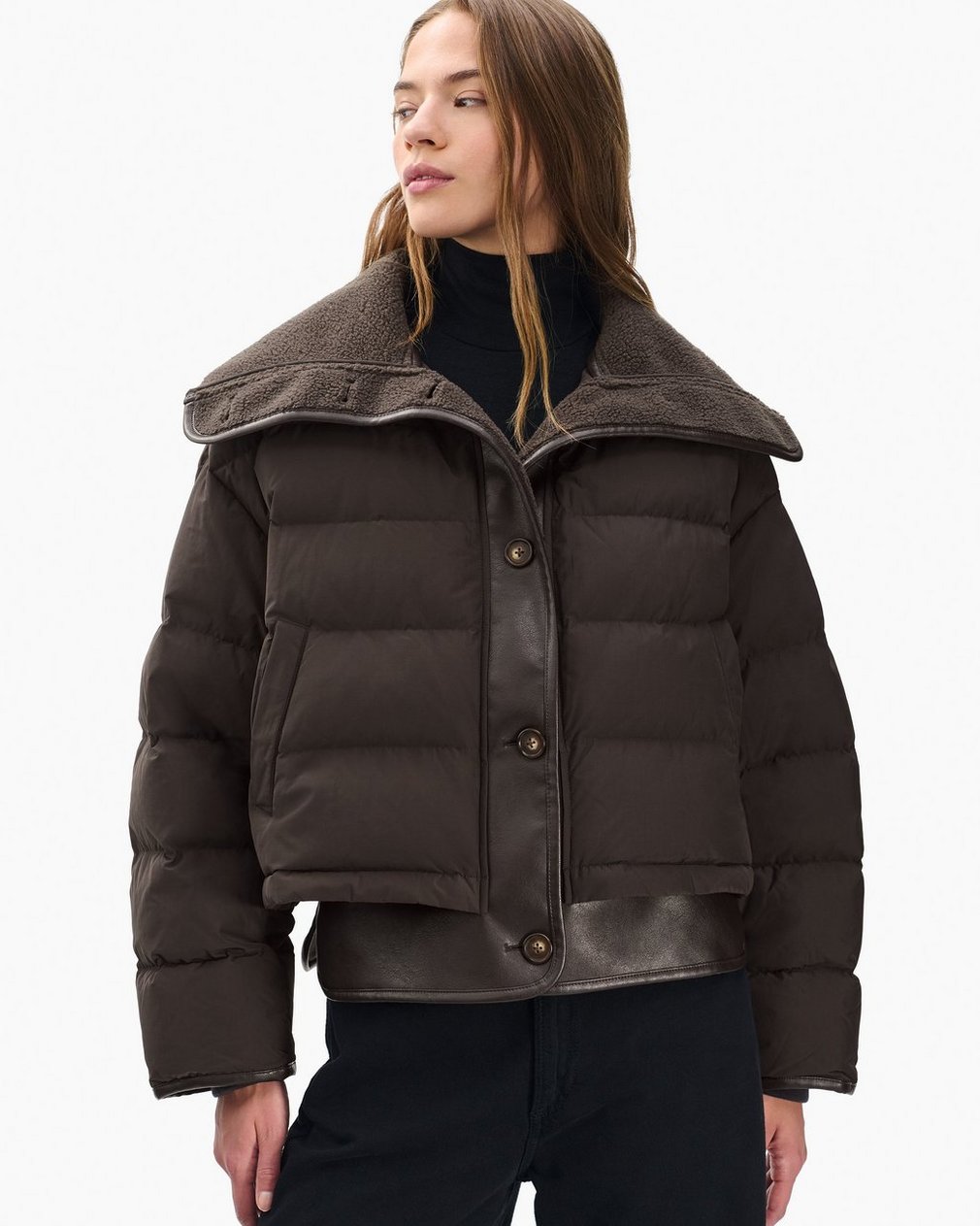 Gloria Mixed-Media Puffer Jacket Brown