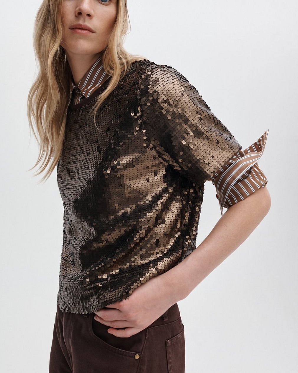 Lucy Sequined T Shirt Coffee - Image 6