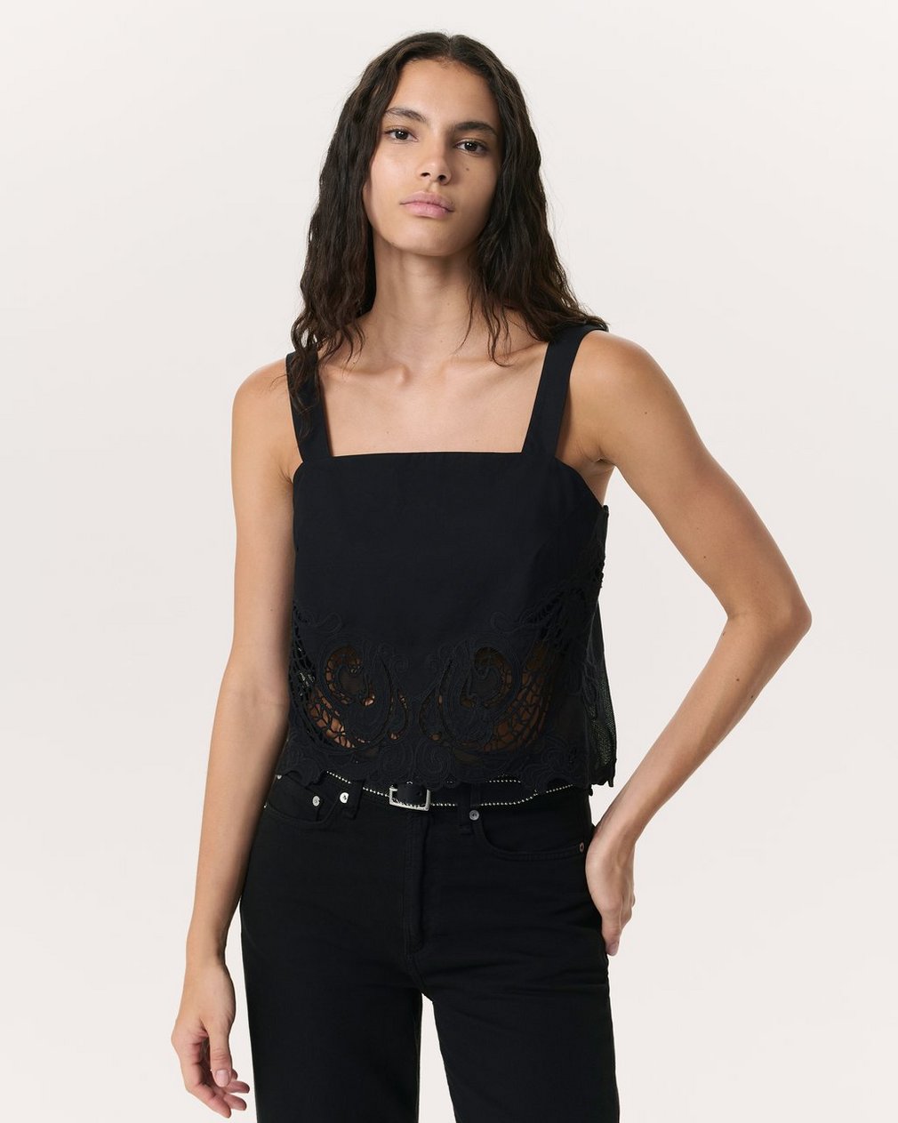 Clem Lace-Trim Poplin Tank Top Black