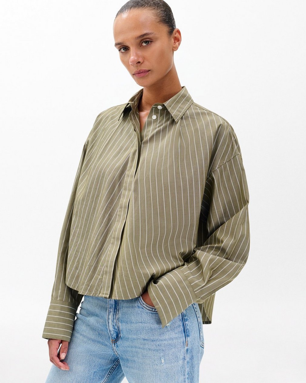 Martha Striped Poplin Shirt Green Stripe