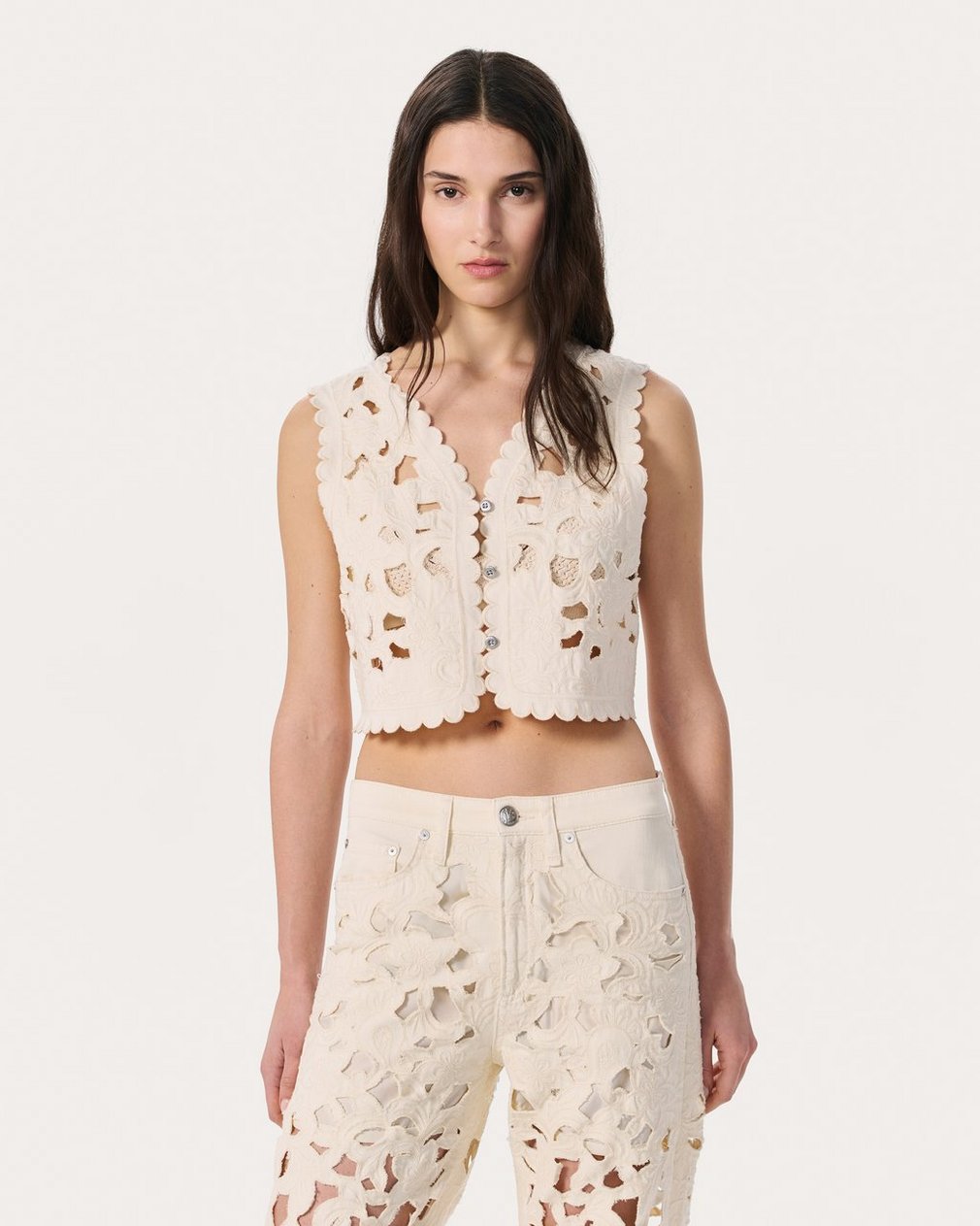 Coralie Cutout Denim Vest Ecru