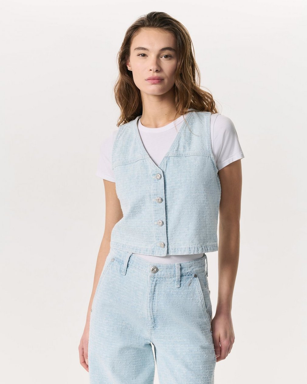 Juliana Textured Denim Vest Sky Blue Tweed