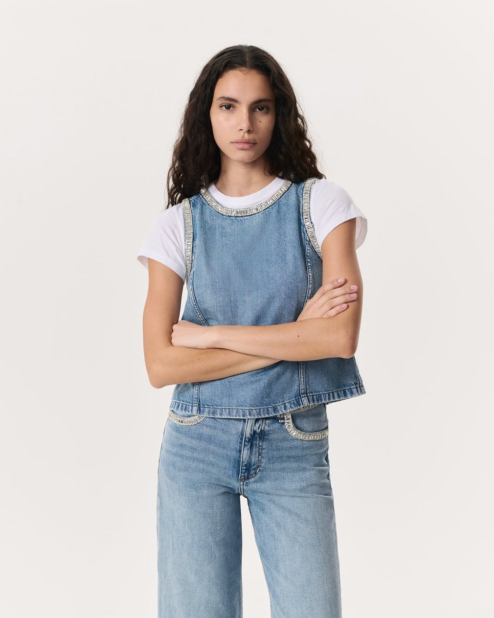 Ultra Featherweight Myla Embellished Denim Top Pacific With Jewel