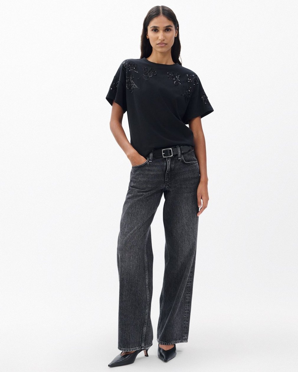 Kelly Boxy Beaded Floral T Shirt Black - Image 3
