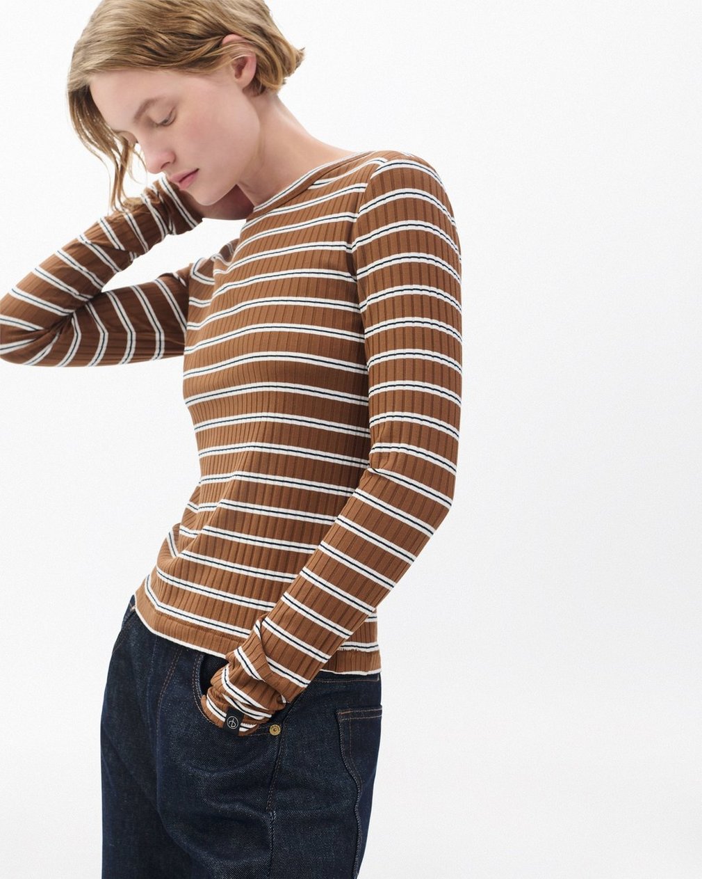 Luca Striped Ribbed Long-Sleeve T Shirt Toffee Multi