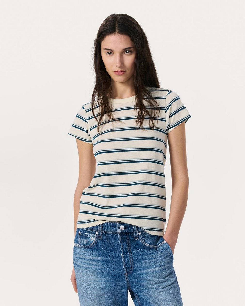 The Slub Striped T Shirt Ivory/Blue Multi