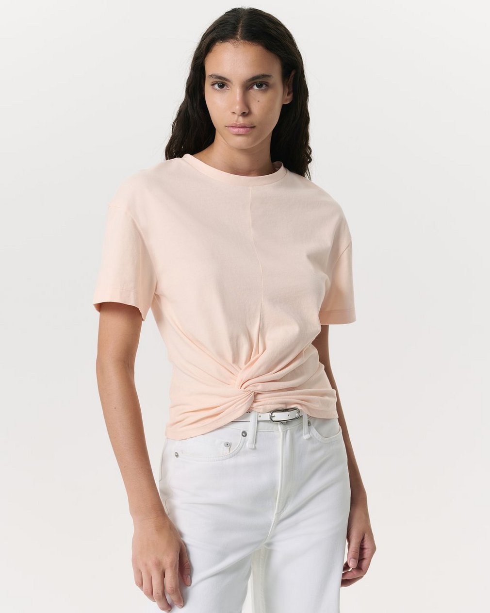 Mica Twist-Detail Draped Cotton T-Shirt Peach