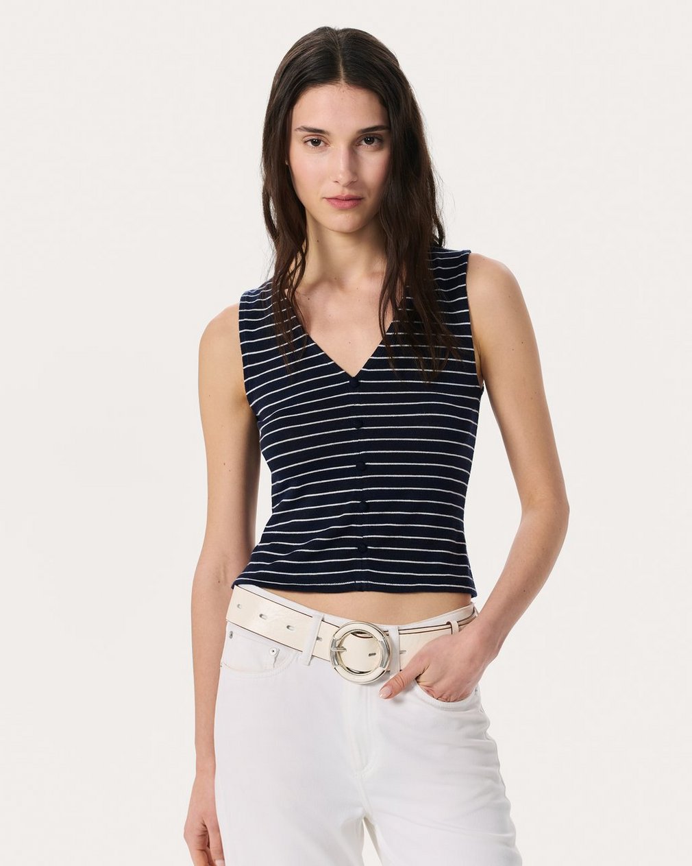 Knit Striped Button Tank Top Navy Multi
