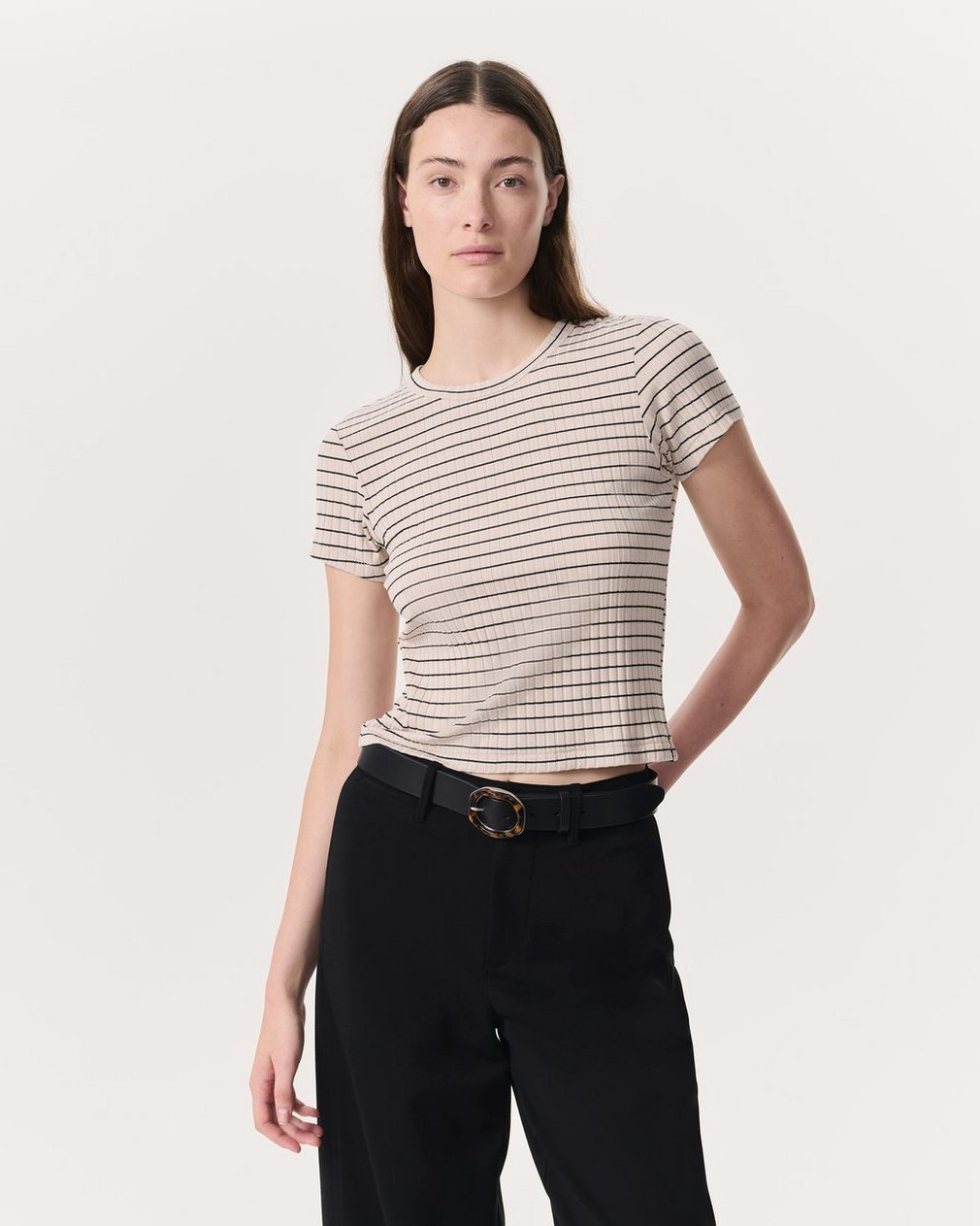 Luca Striped Ribbed-Knit Baby T-Shirt Ivory Multi