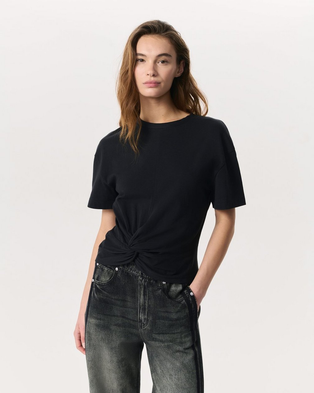 Mica Twist-Detail Draped Cotton T-Shirt Black
