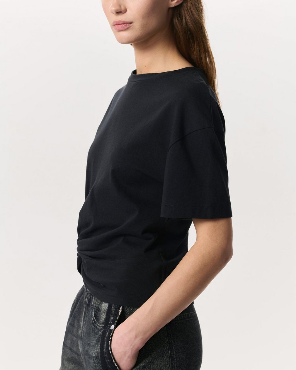 Mica Twist-Detail Draped Cotton T-Shirt Black - Image 6