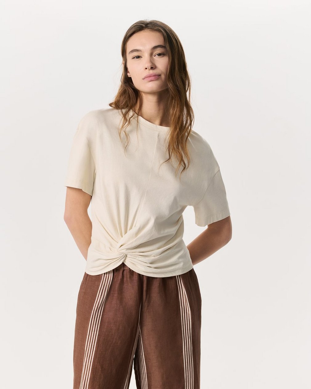Mica Twist-Detail Draped Cotton T-Shirt Ivory