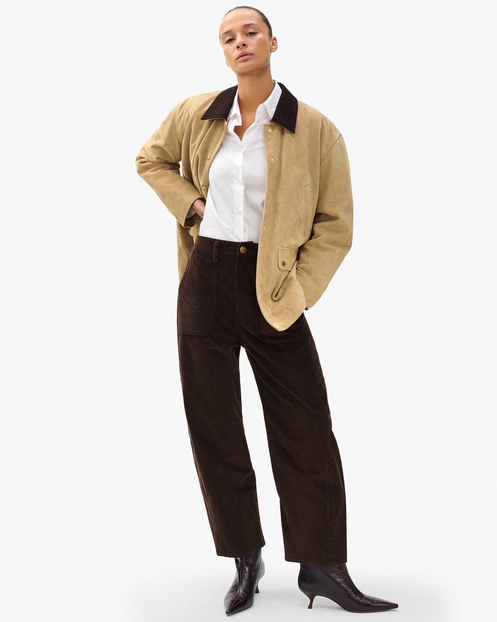 Charlie Ankle Barrel Corduroy Pants Dark Brown - Image 3