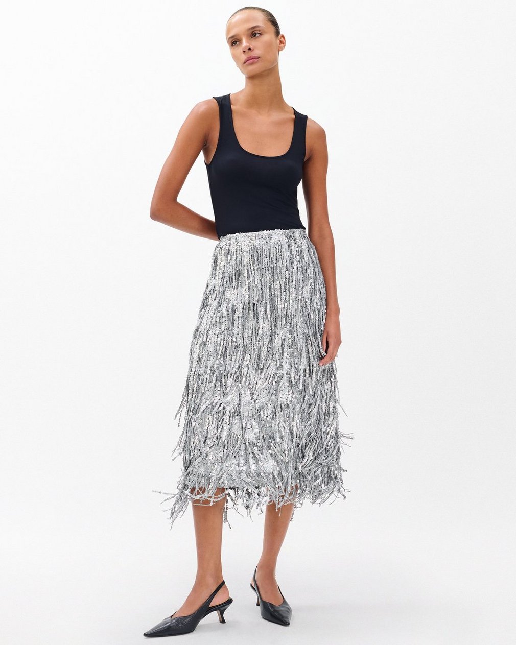 Billie Sequined Tassel Midi Skirt Gunmetal