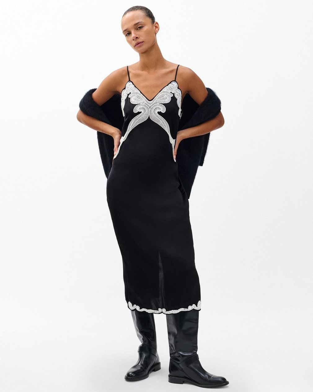 Ann Embroidered Slip Dress Black