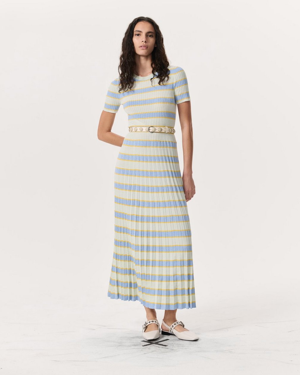 Eloise Striped Rib-Knit Pleated Midi Dress Green Multi