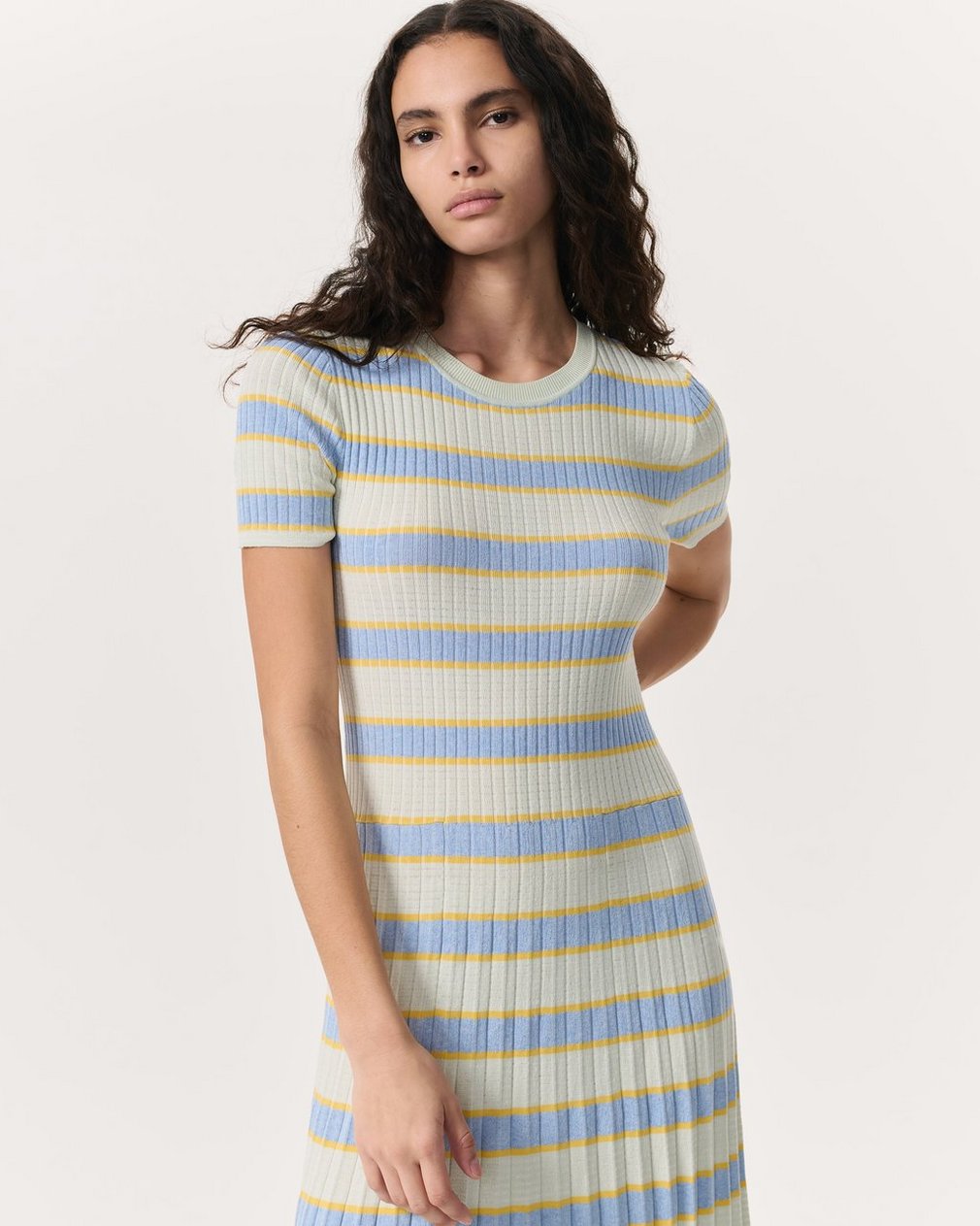 Eloise Striped Rib-Knit Pleated Midi Dress Green Multi - Image 3