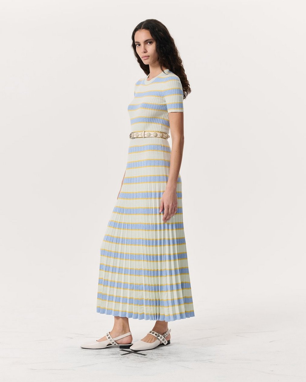 Eloise Striped Rib-Knit Pleated Midi Dress Green Multi - Image 4