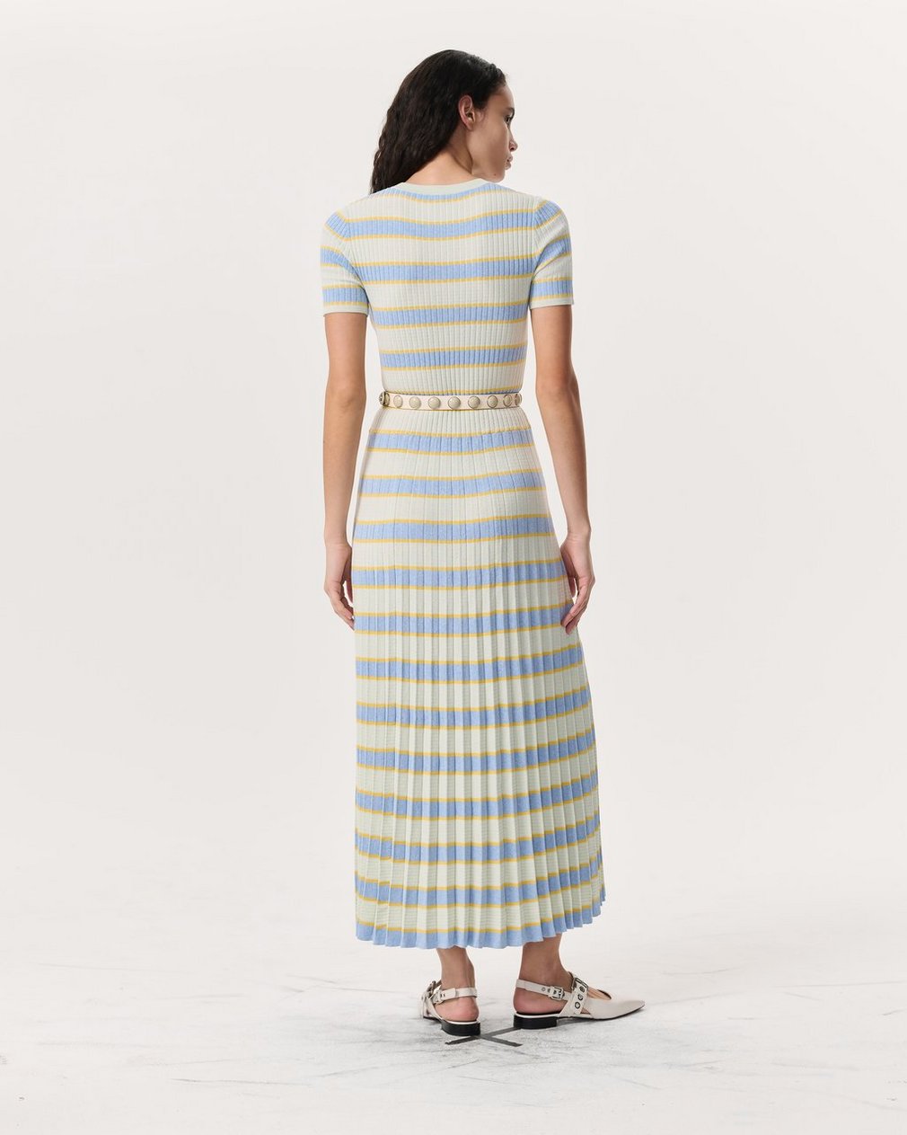 Eloise Striped Rib-Knit Pleated Midi Dress Green Multi - Image 5