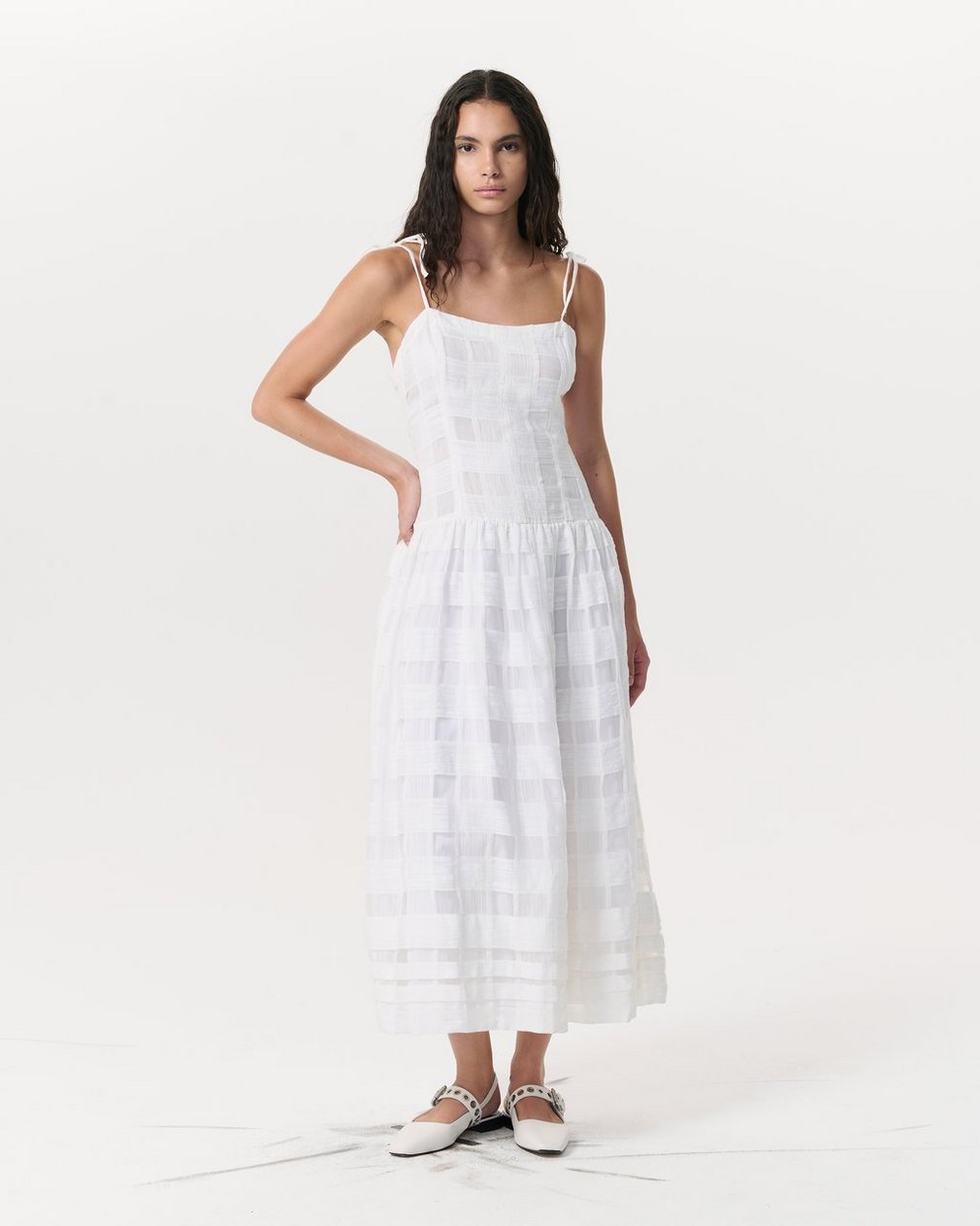 Presley Plaid Cotton-Blend Midi Dress White