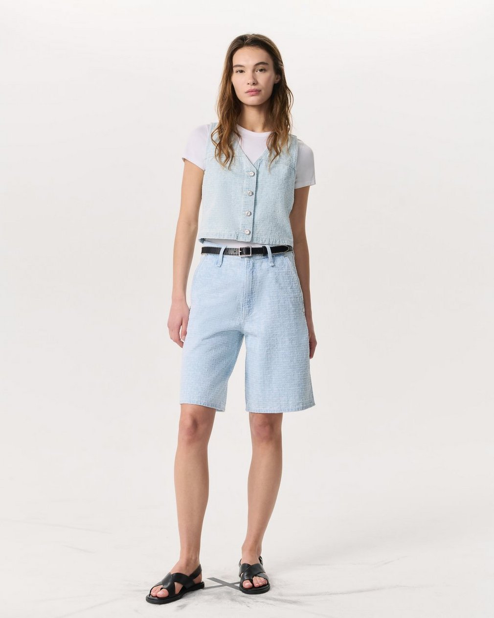 Tailored McKenna Textured Denim Shorts Sky Blue Tweed
