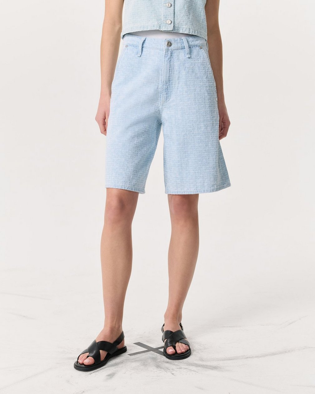 Tailored McKenna Textured Denim Shorts Sky Blue Tweed - Image 3