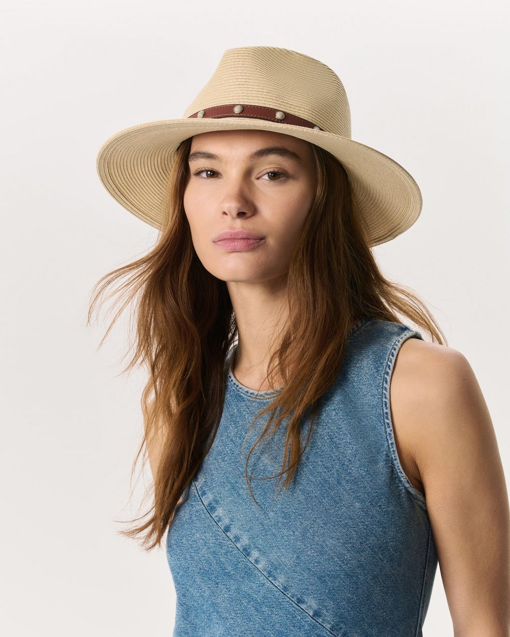 Cabochon-Studded Packable Straw Fedora Natural - Image 2