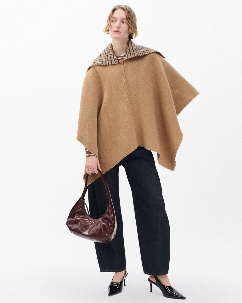 Wendy Reversible Cowl Poncho Camel Plaid - Image 3