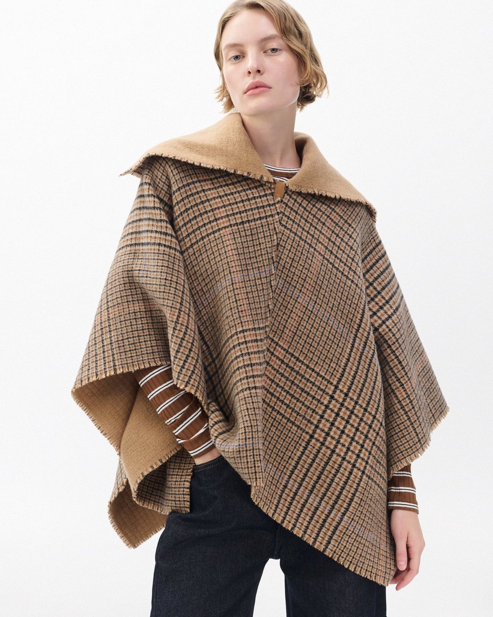 Wendy Reversible Cowl Poncho Camel Plaid - Image 4