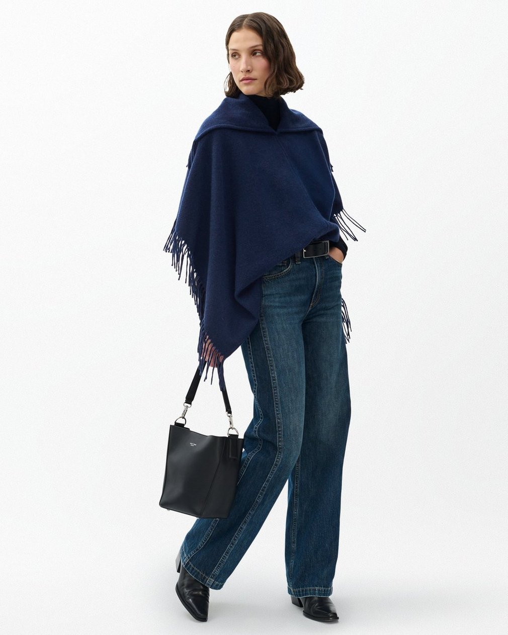Darcey Italian Wool Cowl Poncho Navy - Image 3