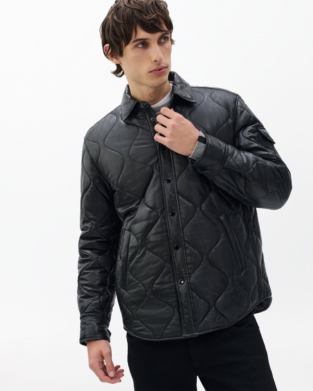 Dane Leather Quilted Shirt Jacket Black - Image 3
