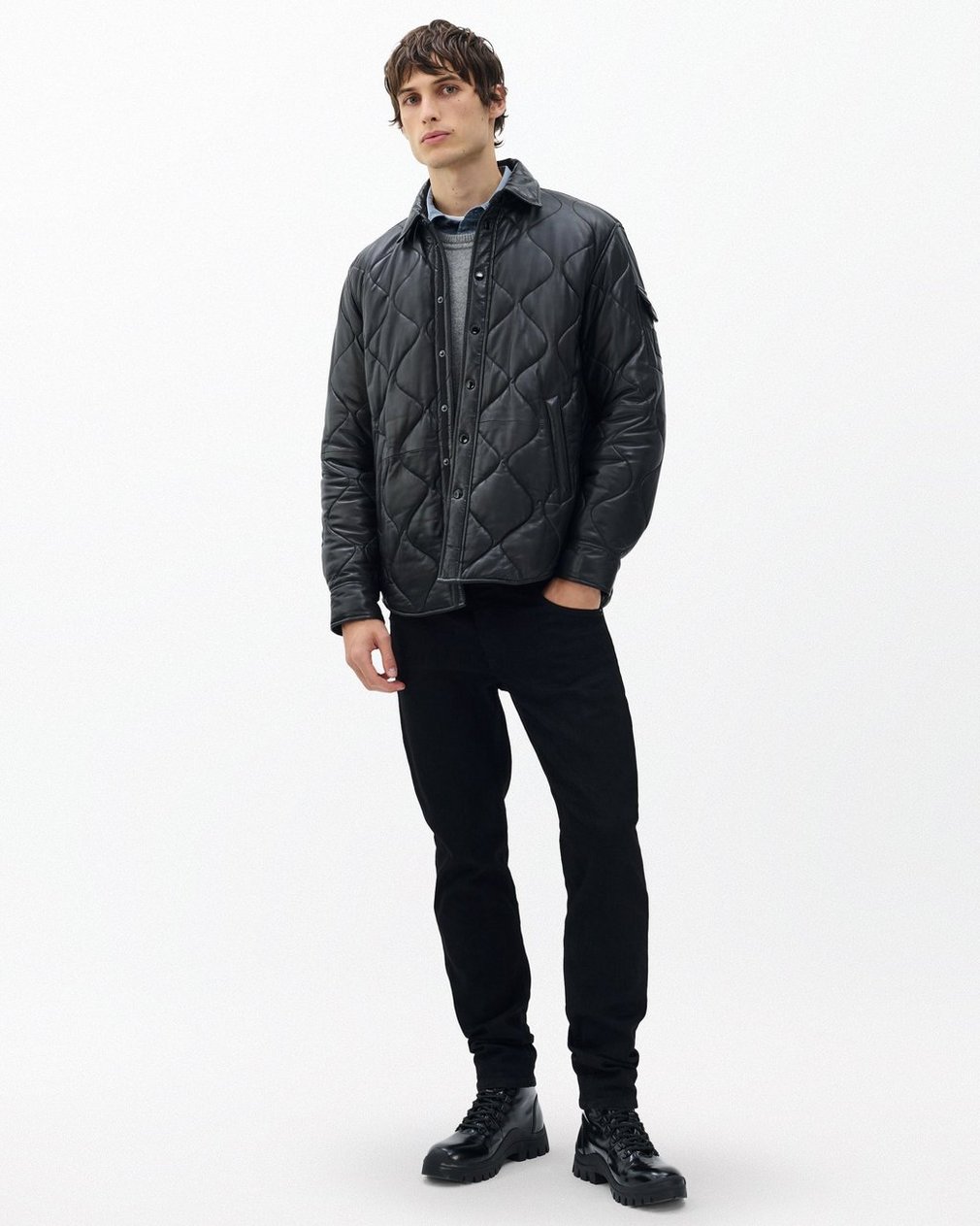 Dane Leather Quilted Shirt Jacket Black - Image 4