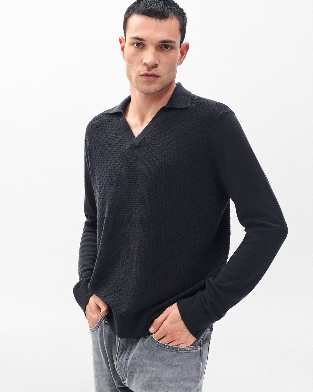 Charles Johnny Collar Wool Polo Washed Black